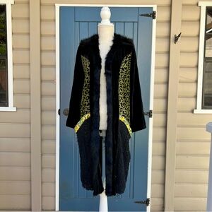 Vintage Ania A Boho Faux Fur Trim Leopard Print Duster Coat Women’s Size Medium